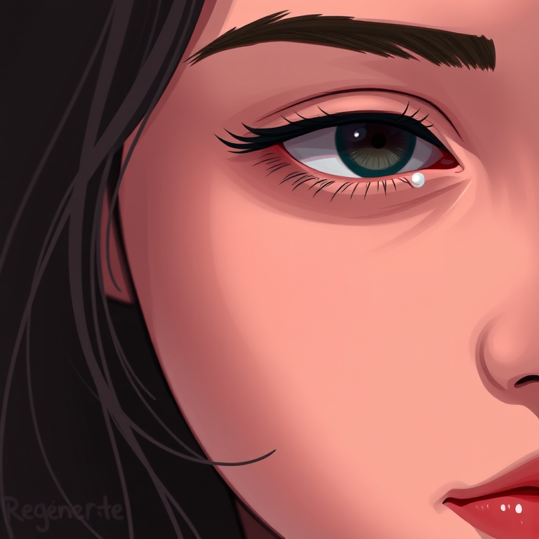 Regenerate a digital illustration of a close-up of a woman's face with a tear, soft lighting, high resolution, 50mm lens, f/1.8 aperture, ISO 100, shallow depth of field, portrait style, created digitally in a modern graphic design software.