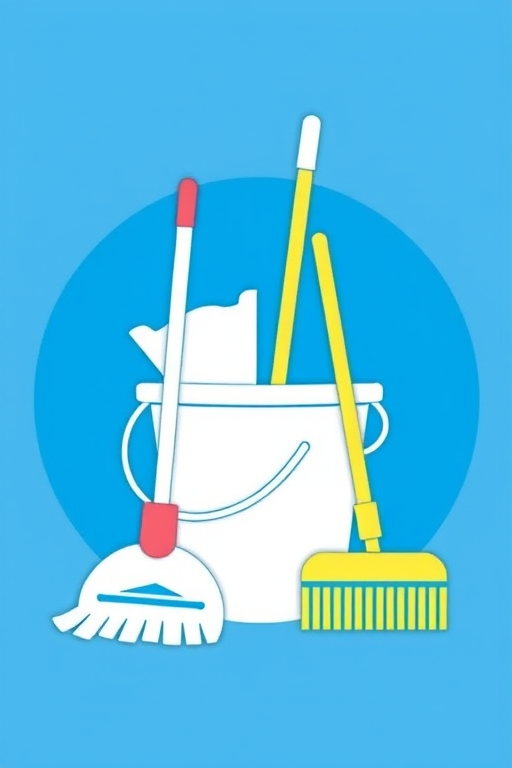 Create a high-resolution vector image of a cleaning icon featuring a mop, bucket, and broom, using a vibrant blue circular background, shot with a Canon EOS 5D Mark IV at f/8, ISO 100, 50mm lens, natural lighting for enhanced clarity and detail.