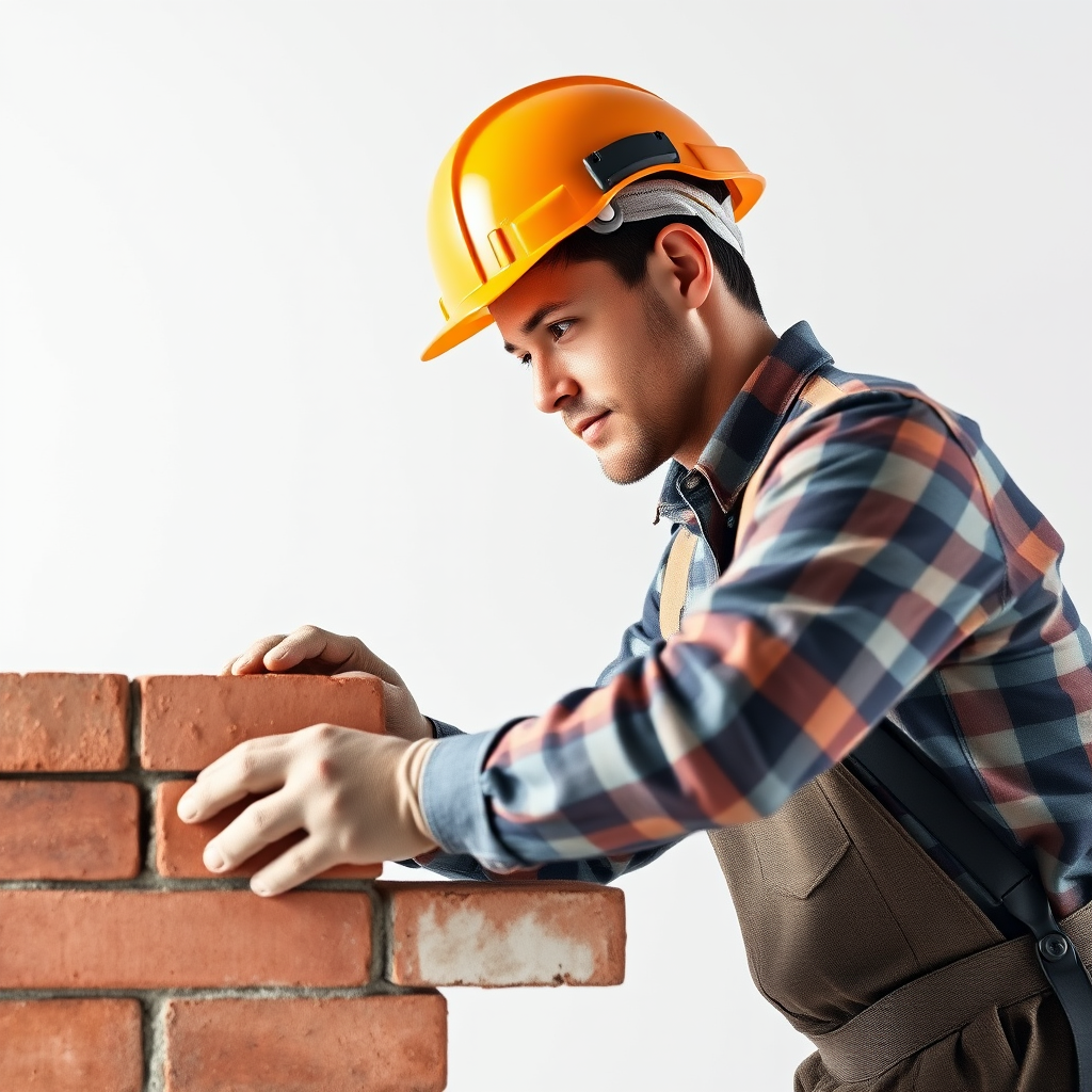 3D construction worker in helmet laying bricks on a wall, studio lighting, white background, ISO 100, f/8, 1/125 sec, 50mm lens, DSLR camera, focus on worker details