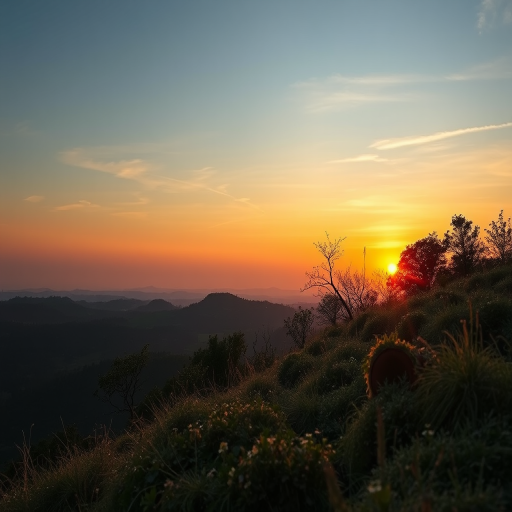 Create a high-resolution image of a serene landscape at sunset, using a Canon EOS R5 camera with a 24-70mm f/2.8 lens, aperture set to f/8, shutter speed at 1/125 sec, ISO 100, shot from a low angle to capture foreground details, with soft, warm lighting to enhance the tranquility of the scene.