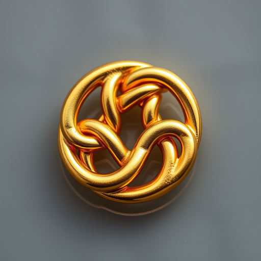 Create a high-resolution image of a golden trinity knot on a transparent background, using a Canon EOS 5D Mark IV with a 50mm f/1.8 lens, aperture set to f/4, ISO 100, and a macro view for enhanced detail and clarity.