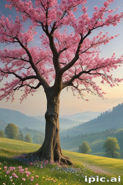 A Serene Landscape Featuring a Blooming Cherry Blossom Tree at Dusk