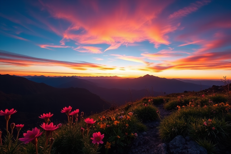 Create a high-resolution image of a serene mountain landscape at sunset with vibrant colors, using a Canon EOS 5D Mark IV camera, 24mm lens, f/8 aperture, ISO 100, with a low-angle view to capture the foreground flowers and the twilight sky.