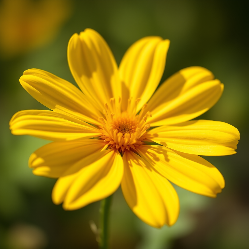 a vibrant yellow flower in full bloom captured in soft natural light, shallow depth of field, ISO 100, f/2.8, 1/1000 sec, 50mm lens, macro view, DSLR camera, high resolution