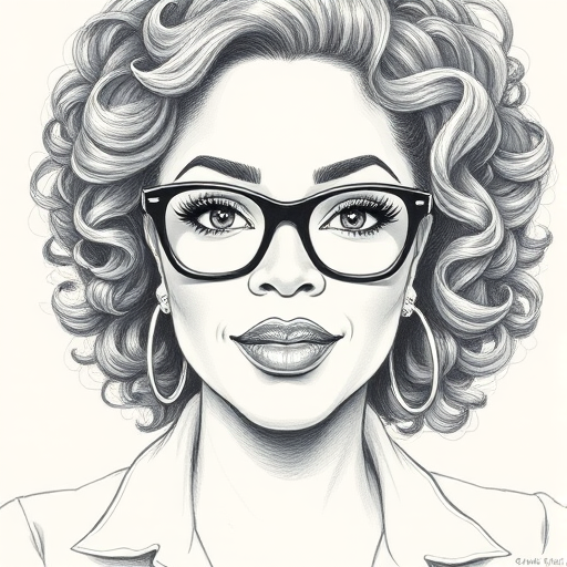 Beautiful Oprah Winfrey, pencil sketch, portrait of beautiful woman 60s in glasses, hair style beatnik, outline, clear lines, fine lines, 8k