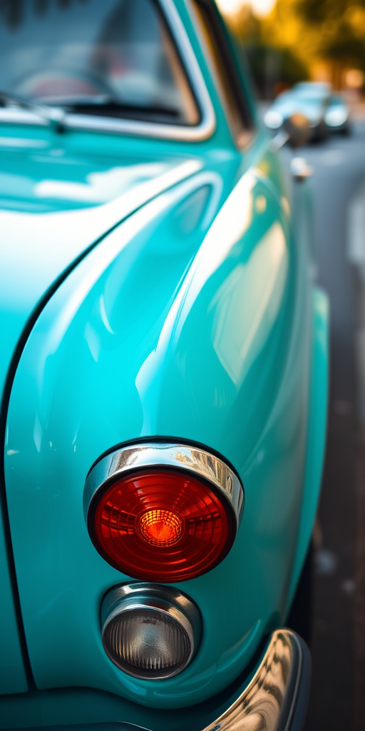 photograph a classic turquoise car in soft daylight, focus on the details of the side mirror and indicator light, use a shallow depth of field, aperture f/2.8, ISO 100, shutter speed 1/500s, shot with a full-frame DSLR at eye level, using a wide-angle lens for a slightly exaggerated perspective, ensure a clean background with blurred street and greenery