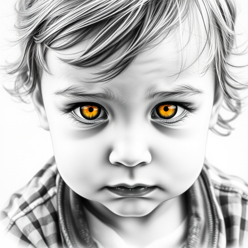 A hyperdetailed photorealistic black and white sketch of a beautiful toddler with deep Yellow eyes, with a macro focus