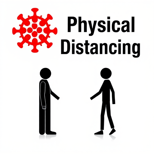Create a graphic illustrating physical distancing with two stick figures spaced 2 meters apart, using a clean white background, a bold red virus symbol above, and the text "Physical Distancing" in large, clear font; shot with a Canon EOS R5, settings 50mm, f/8, ISO 100, emphasizing sharpness and clarity.