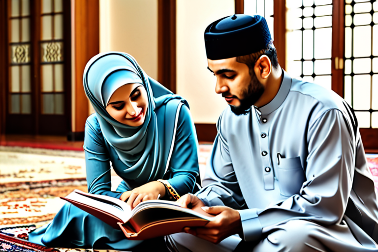 muslim husband and wife sit on the floor reading book