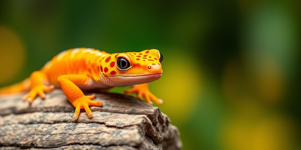 Capture a close-up of a vibrant orange leopard gecko resting on textured wood with a blurred green and yellow background, using a DSLR camera with a 50mm f/1.8 lens, aperture set to f/2.8, ISO 200, and shutter speed of 1/200 sec for sharp details and smooth bokeh.