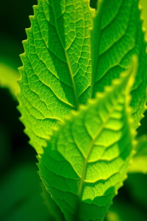 high-resolution close-up of vibrant green leaves with intricate texture, natural lighting, shallow depth of field, f/2.8 aperture, 50mm lens, DSLR camera, macro photography style