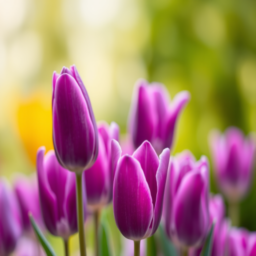 macro shot of purple tulips with soft focus background, aperture f/2.8, shutter speed 1/200 sec, ISO 100, 50mm lens, natural lighting, DSLR camera