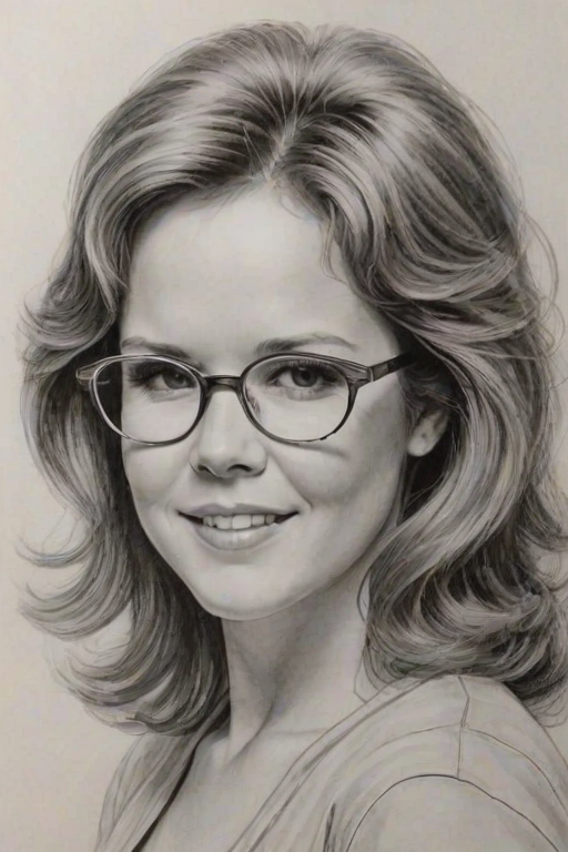 Delightful Linda Blair, pencil sketch, portrait of Sublime woman 1975s in glasses, hair style beatnik, outline, clear lines, fine lines, 8k