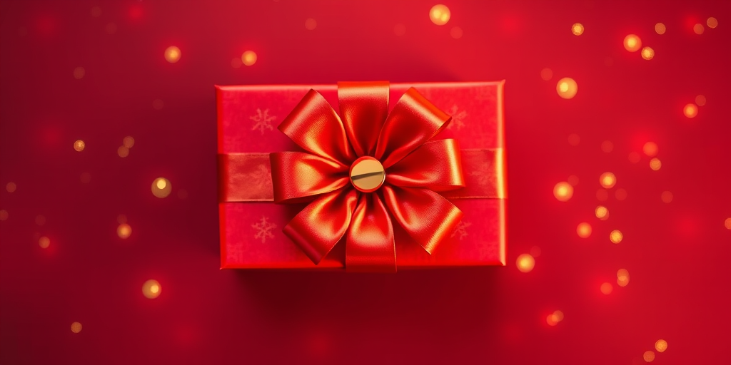 Create a high-resolution image of a red gift bow on a dark red background with golden accents, using a DSLR camera with a 50mm lens, aperture set to f/2.8 for a soft depth of field, shooting from a top-down angle, and applying a soft light style for enhanced vibrancy.