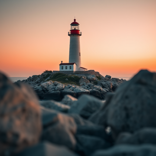 Lighthouse on a rocky island, captured with a Canon EOS R5, 24mm lens, f/8 aperture, ISO 100, 1/200 sec shutter speed, photo taken from a low angle with a wide-angle view for enhanced background depth and clarity.