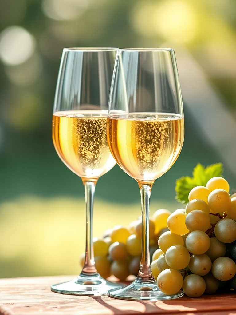 Create an illustration of two elegant wine glasses filled with sparkling wine, placed beside a bunch of grapes, captured in a soft focus style using a DSLR camera with a 50mm lens, f/1.8 aperture, ISO 200, natural lighting, and a shallow depth of field for enhanced image quality.