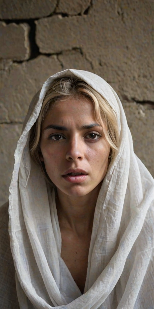 Create a close-up photographic image of a Romani woman with light skin tones shown against an old, worn wall. Their head is wrapped in a white cloth covering (i.e.... parts of the head except the nose and mouth, which are open as if they are screaming...), with a slight texture and visible folds in the fabric. Thin strands of blonde hair escape from the wrapping above, falling lightly at the top and sides. Their hands hold the fabric as if they are tugging nervously. The lighting is dramatic and even, casting strong shadows. The image has a minimalist and surreal style with an emphasis on simplicity with soft color tones. The composition is centered.