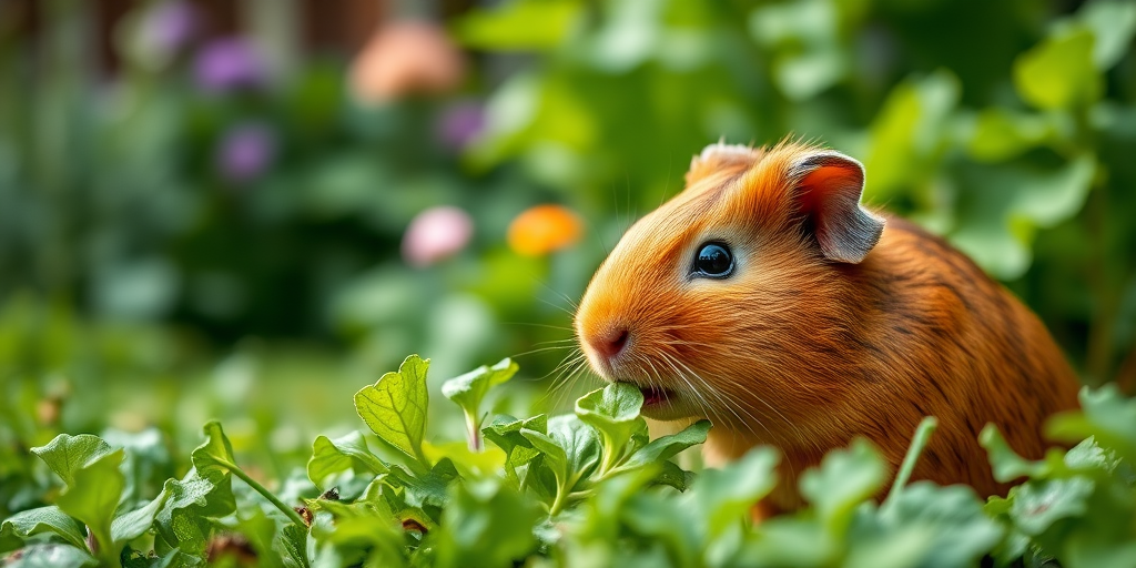 Guinea pig nibbling on fresh lettuce in a lush garden setting, shot with a Canon EOS R5, 50mm f/1.2 lens, aperture f/2.8, ISO 100, shutter speed 1/200 sec, shallow depth of field for a blurred background, natural light.