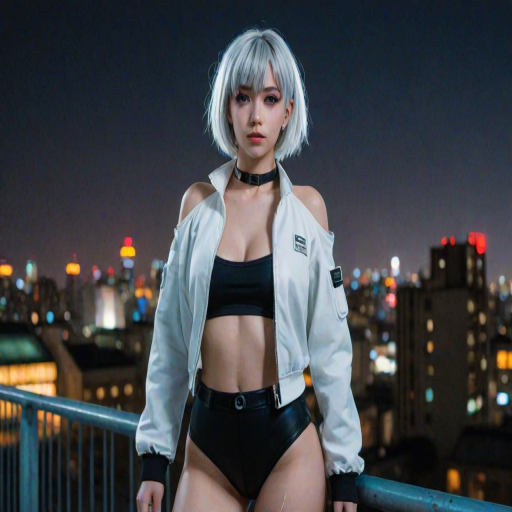 best quality, beautiful lighting, lucy, 1girl, white hair, against railing, arm rest, bangs, bare shoulders, belt, black belt, black leotard, black pants, blurry, bob cut, breasts, building, cityscape, clothing cutout, (cropped jacket), cyberpunk, depth of field, from side, gradient eyes, grey eyes, grey hair, white jacket, leotard, lips, long sleeves, looking afar, looking ahead, (mechanical parts), medium breasts, multicolored eyes, multicolored hair, night, night sky, off shoulder, open clothes, open jacket, outdoors, pants, parted lips, railing, red eyeliner, science fiction, short hair with long locks, short shorts, shorts, sidelocks, sky, solo, standing, teeth, thigh cutout, upper teeth only, white jacket, white shorts, cyberpunk  cyberpunk edgerunners, RAW photo, 8k uhd, film grain, cosplay, white wig, night, neon lights