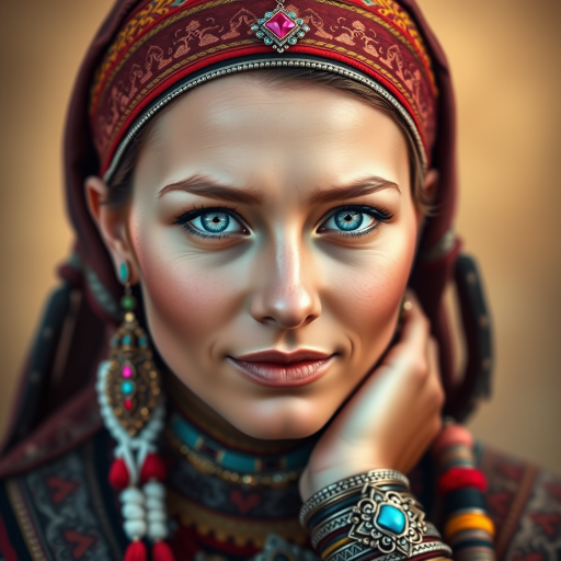 Create a portrait of a beautiful First Nations woman with striking blue eyes and a gentle expression. She is adorned in traditional attire with intricate patterns, including a richly embroidered headscarf and matching garments. Her jewelry includes a delicate headpiece, dangling earrings, and ornate bracelets, all featuring vibrant gemstones and detailed metalwork. The background is soft and warm, enhancing the rich colors of her outfit and jewelry.
