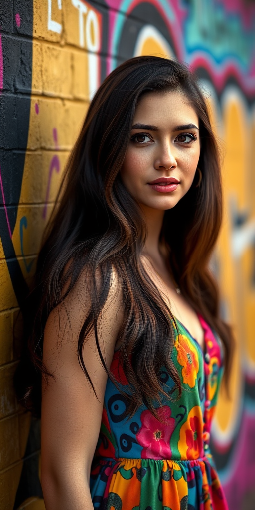 portrait of a woman with long hair wearing a colorful dress against a vibrant graffiti wall, shallow depth of field, soft focus, natural light, 85mm f/1.4 lens, ISO 100, shutter speed 1/200s, DSLR camera