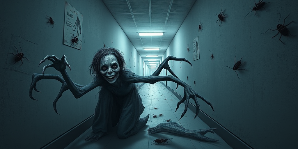 a crooked female with long arms and a creepy smile is crawling along a long white corridor and you can also see cockroaches in it there is a creepy atmosphere creepy art style