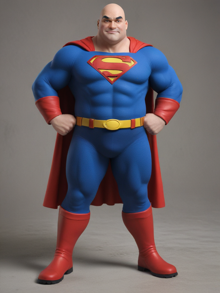 Realistic, short dwarf chubby bald guy, realistic superman, red boots, thick calves, hands on waist, bald, hairy hairy legs