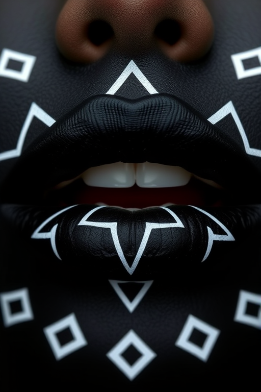 Jet black matte lips with "Onyx Noir" style, featuring intricate geometric patterns in contrasting white for a bold and avant-garde appearance
