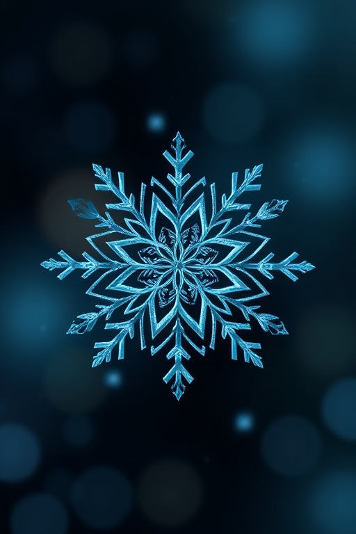 Create a winter-themed illustration of a snowflake with intricate designs in varying shades of blue, focusing on fine details and textures, utilizing a DSLR camera with a 50mm lens at f/2.8, ISO 100, and a shallow depth of field for a soft background blur.