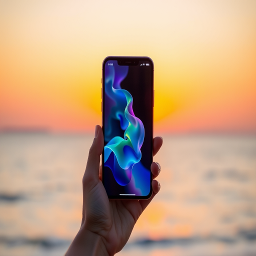 Capture a close-up of a hand holding a smartphone displaying a glowing abstract wallpaper against a serene sunset background, using a Canon EOS R5 camera with a 50mm lens, f/1.8 aperture, ISO 200, and a 1/125 second shutter speed, focusing on the phone while softly blurring the background to enhance depth.