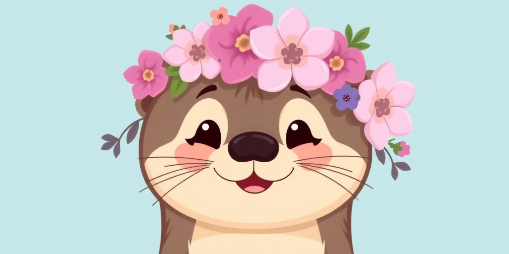 Cute cartoon otter wearing a floral crown with pink and purple flowers against a light blue background, smiling and looking friendly.