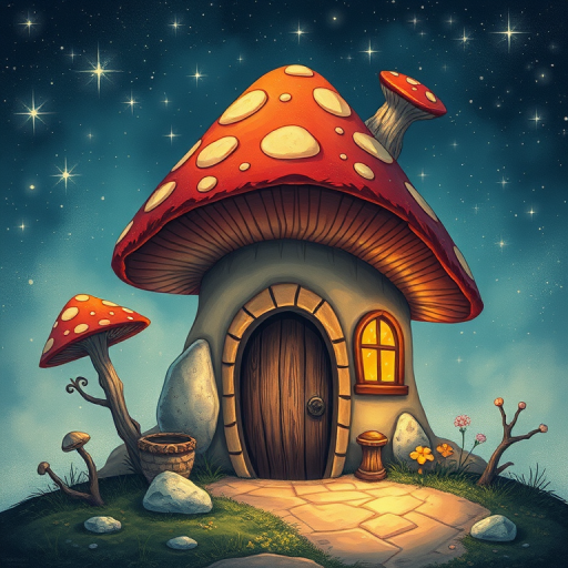 generate illustration of a mushroom house with a door and a window, a storybook , fantasy art, mushroom house, bg starry sky, sparkles