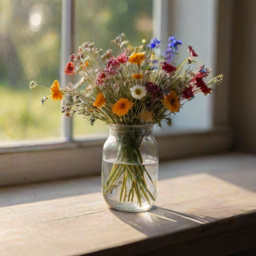 Close-up of a fresh bouquet of wildflowers in a glass vase, soft light from a nearby window illuminating the delicate petals and casting gentle shadows on the table.
