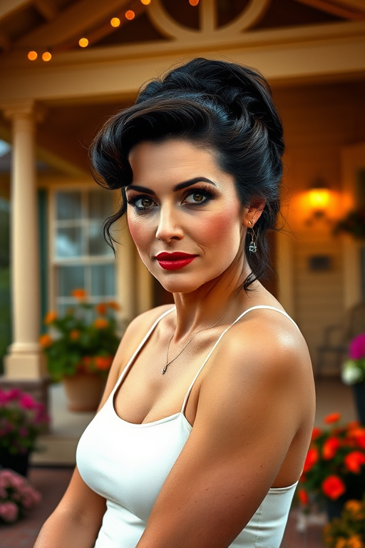 A photo of Rita Hayworth with a background of a cozy porch. She has dark hair pulled back in an updo, with tendrils framing her face. She wears a white tank top and sits on the porch. The porch is part of a well-lit home with a warm, earthy tone and colorful flowers and foliage. The overall scene has a warm, welcoming, and comfortable ambiance.