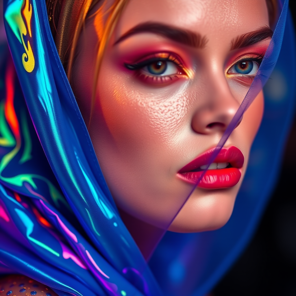 Runway capture, a beautiful model, vibrant colors, metallic textures, high fashion editorial , a 100mm macro lens to get extreme close-ups of intricate details like fabric stitching, accessories, or makeup artistry