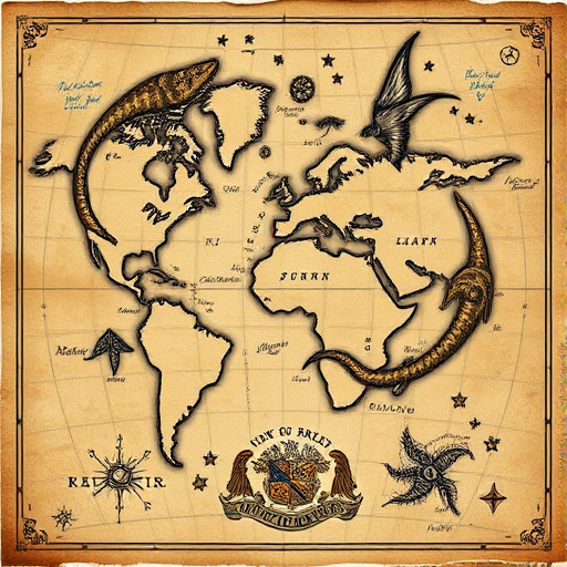 Vintage map tattoo featuring aged parchment texture, intricate cartography details, and mythical sea creatures, rendered in sepia tones with subtle color accents for an authentic explorer aesthetic