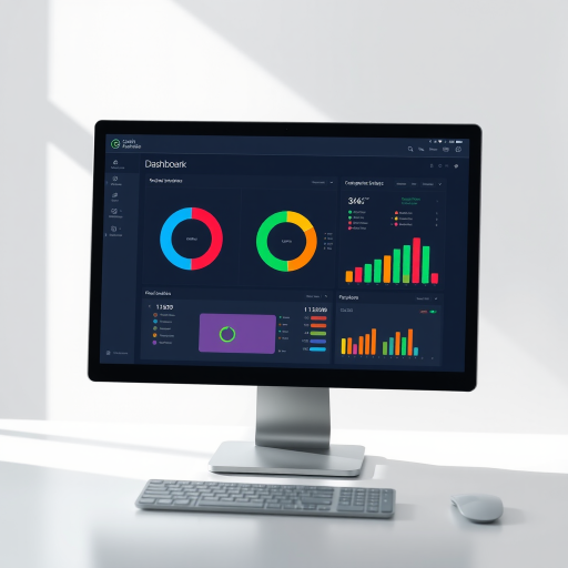 Create a high-resolution digital illustration of a computer screen displaying a colorful dashboard with a circular chart and bar graphs, using a Canon EOS R5 camera, 50mm f/1.8 lens, f/2.8 aperture, ISO 100, and soft natural lighting for clarity and detail.