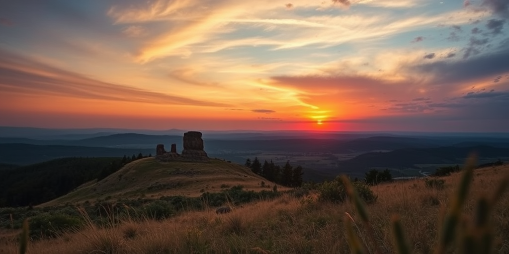 Create a high-resolution image of a serene landscape at sunset, with a wide-angle view, f/11 aperture, ISO 100, shutter speed 1/125s, using a DSLR camera with a 24mm lens.
