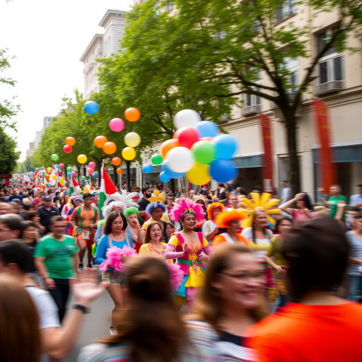 Blurry action shot of a lively street parade, with performers in colorful costumes, balloons floating in the air, and a cheering crowd softly blurred in excitement.