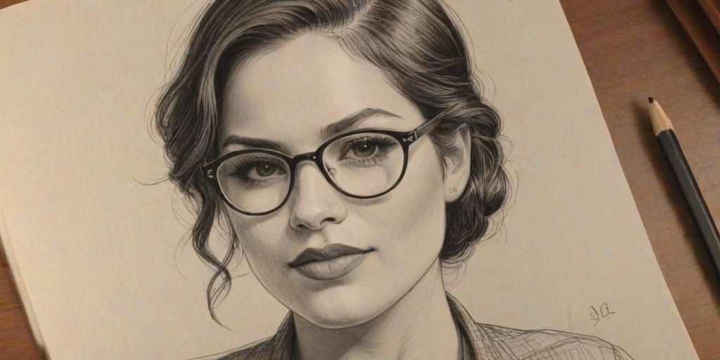 Radiant Katrina Law, pencil sketch, portrait of Fascinating woman 1920s in glasses, hair style beatnik, outline, clear lines, fine lines, 8k
