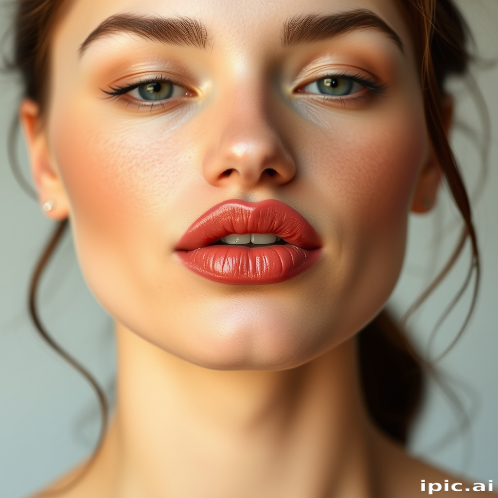 Charming woman lips adorned with rosy nude satin finish, full face portrait emphasizing understated elegance and timeless appeal