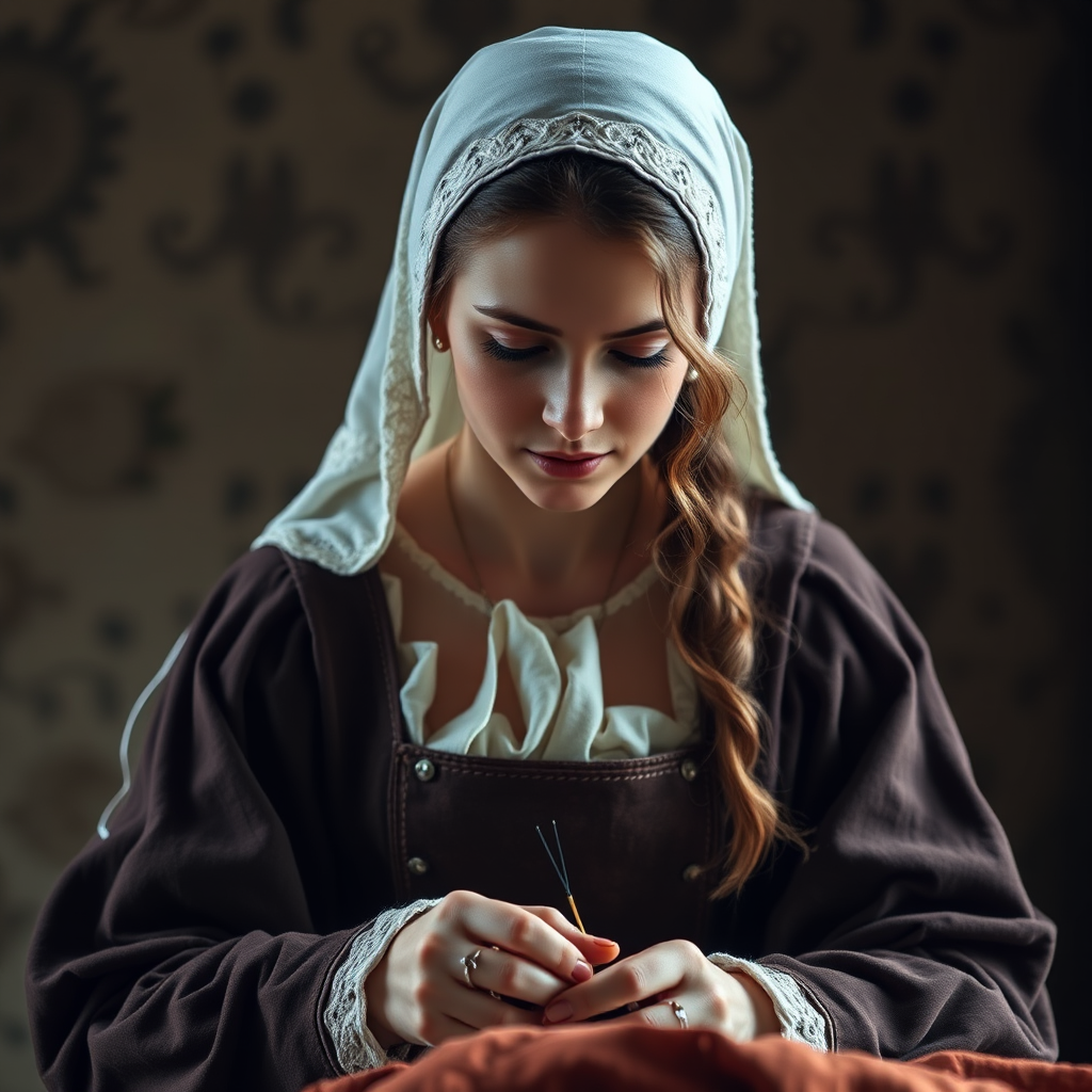 Generate a hyper-realistic portrait of a woman in medieval attire, sewing, with soft natural lighting, 50mm lens, f/1.8 aperture, shallow depth of field, and a full-body shot taken with a DSLR camera.