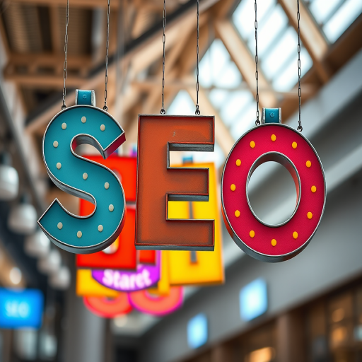 Generate an image of the word "SEO" displayed on colorful hanging signs with a bright background, using a DSLR camera, 50mm lens at f/1.8, ISO 100, and a 1/250s shutter speed for sharp detail and vibrant colors.