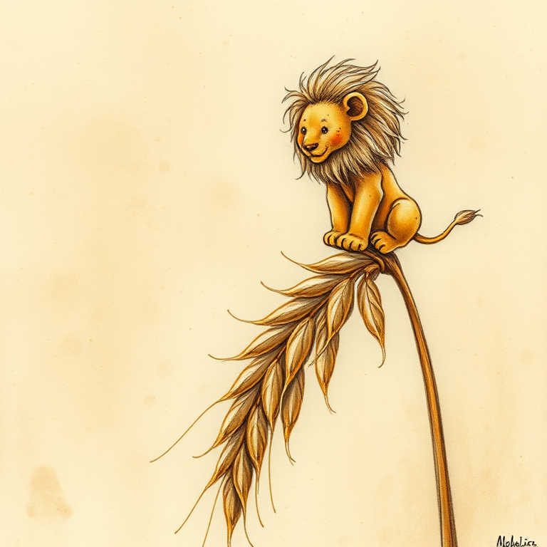 Soft, muted Alcohol Ink with ebru effect background image of tiny whimsical lion, who climbed high on the top of a golden rye ear.
