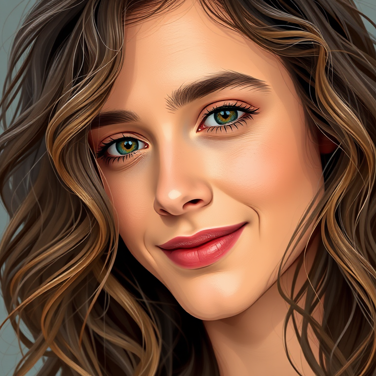 regenerate a detailed portrait illustration of a person with wavy hair and a slight smile; use a Canon EOS R5 camera, 85mm lens, aperture f/1.8, ISO 100, soft natural lighting, focus on facial features with a shallow depth of field, high-resolution output