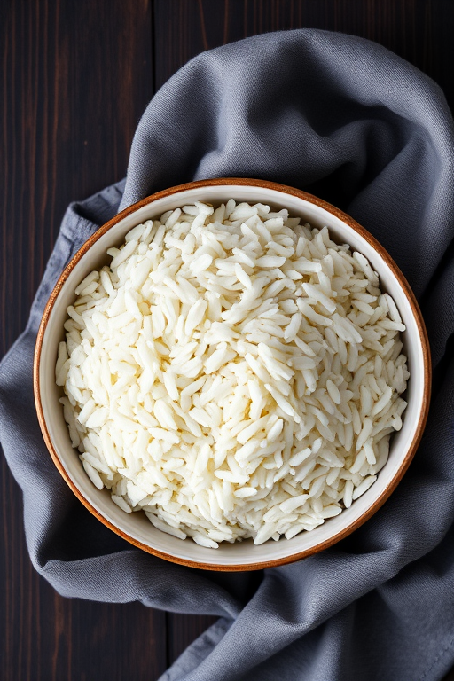 A top-down view of a bowl of white rice on a dark wooden table, with a rustic gray cloth draped around it, soft natural lighting, f/2.8 aperture, ISO 200, shutter speed 1/60 sec, using a DSLR camera with a 50mm lens.