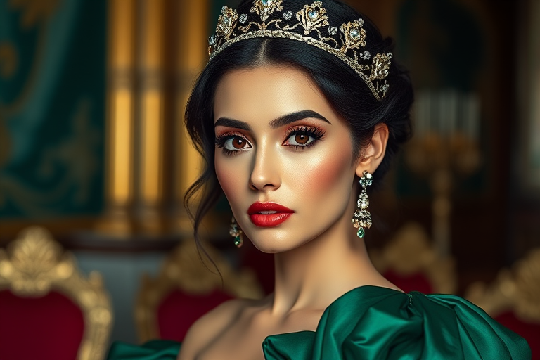 A gorgeous Chaldean woman in a luxurious green gown, accessorized with a dazzling tiara and statement earrings, her deep red eyes highlighted by impeccable makeup, poised in a royal setting, photorealistic, 8K quality