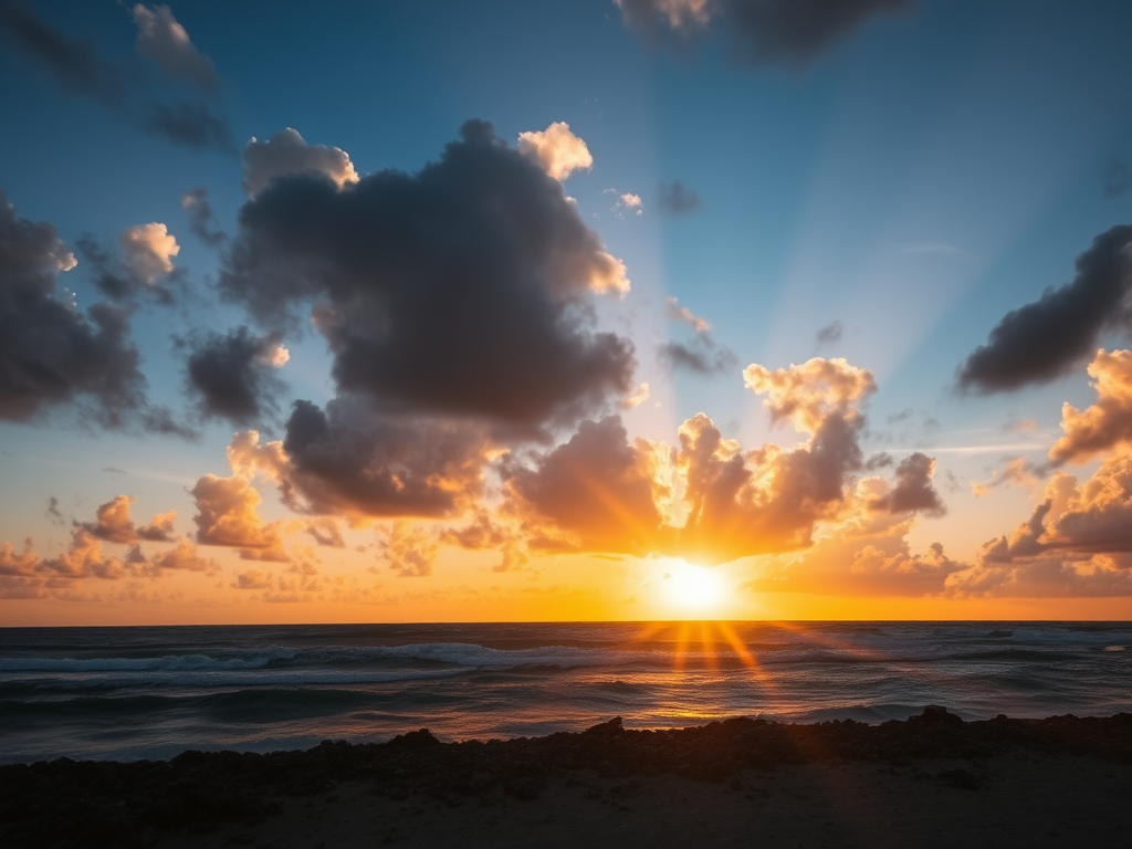 sunset over the ocean with dramatic clouds, golden sunlight reflecting on the water, long exposure, f/11, ISO 100, 1/60 sec, wide-angle lens, taken from a low angle to capture the shoreline and sunbeams, DSLR camera