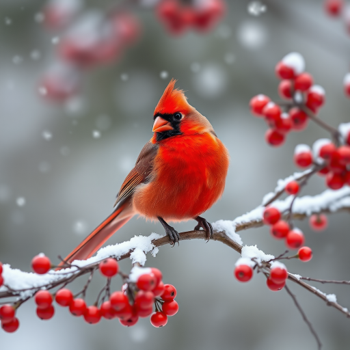 a vibrant red cardinal perched on a snowy branch surrounded by red berries and soft snowfall, shot with a Canon EOS 5D Mark IV, 85mm lens, f/1.8 aperture, ISO 100, natural light, shallow depth of field, soft bokeh background