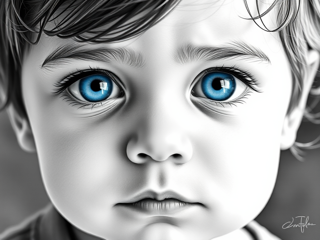 A hyperdetailed photorealistic black and white sketch of a beautiful toddler with deep cyan eyes, with a macro focus